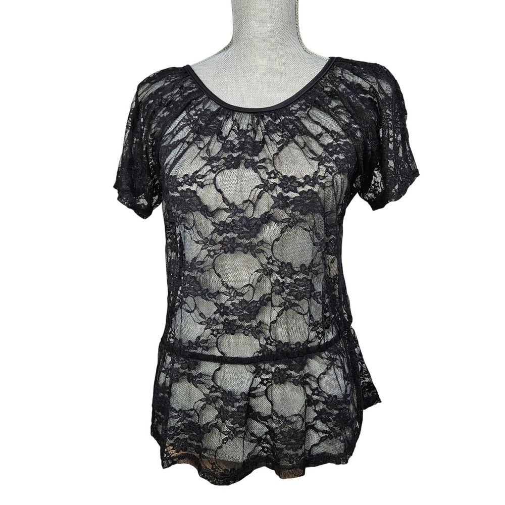 Black Sheer Floral Lace Criss Cross Back Peplum Top M Goth Coquette Y2K Mesh